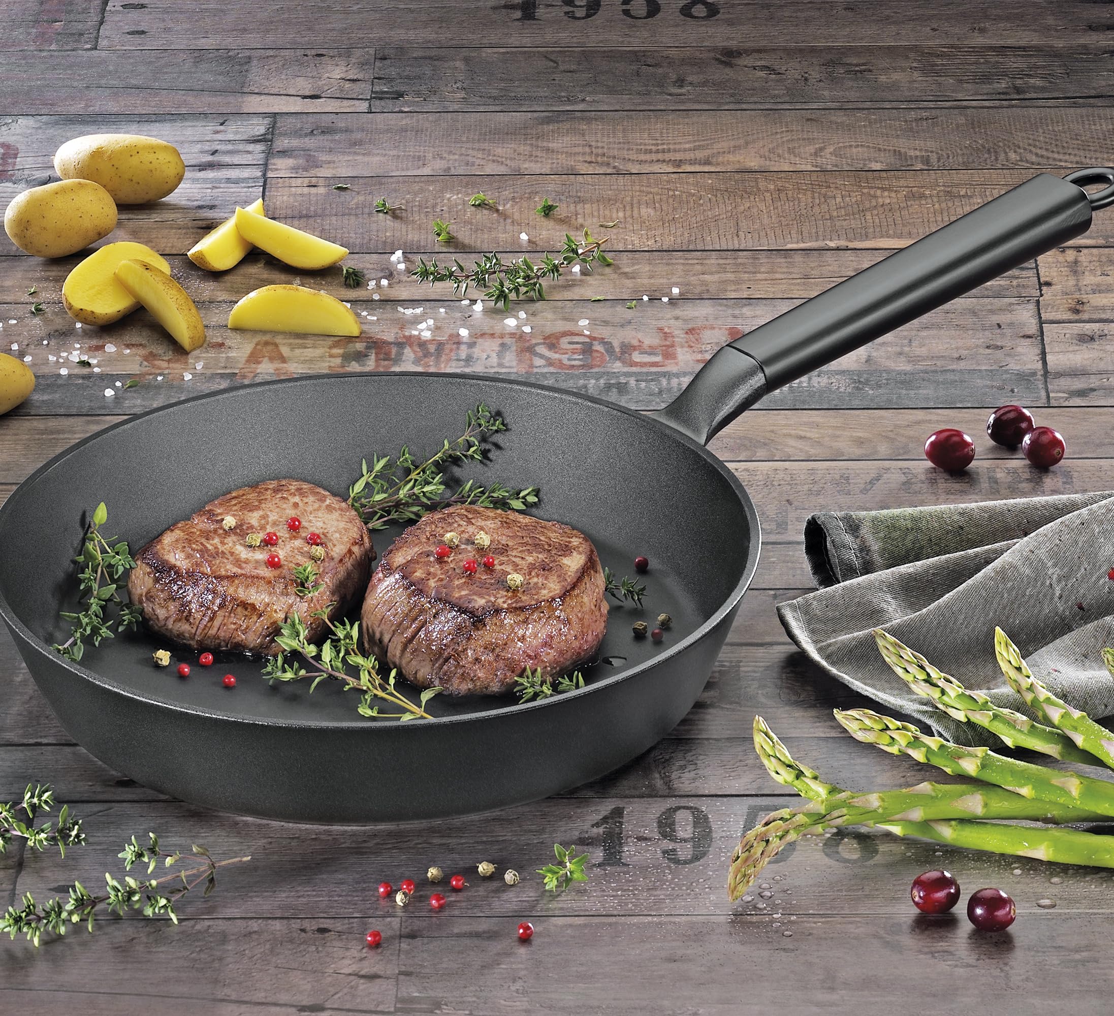Spring International Cooking ESCALE patelnia 28 cm, wysokiej jakości emaliowana patelnia żeliwna z wytrzymałym drewnianym uchwytem, do wszystkich rodzajów kuchenek, w tym indukcyjnych, optymalne