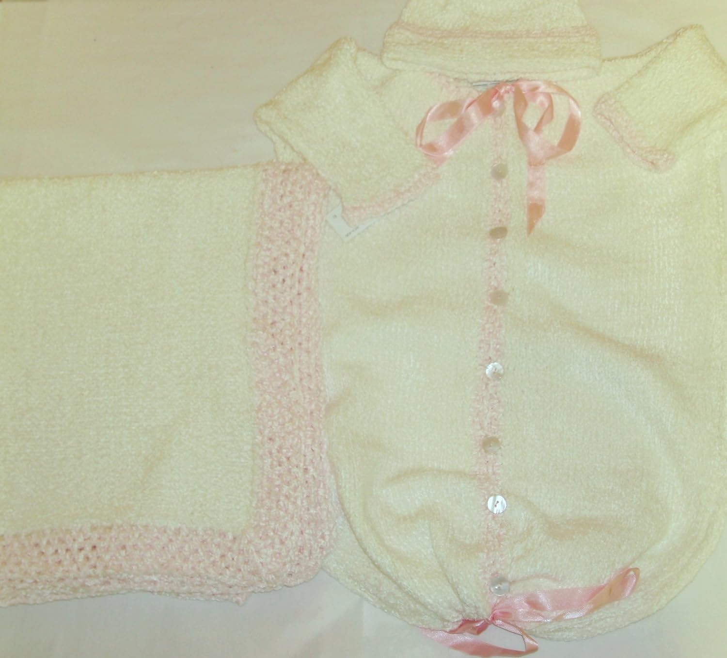 Hand Knitted Natural Chenille Finished By Hand Crochet with Pink Chenille Baby Bunting, Hat Set Matching Blanket