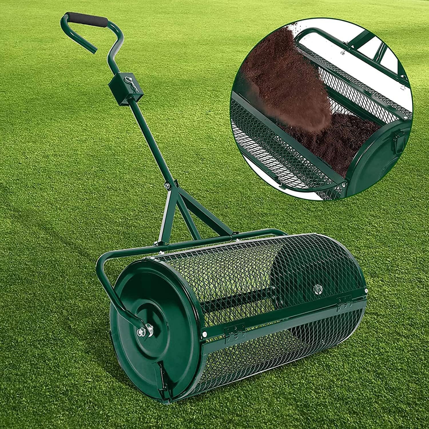 Garden Spreaders, 24 inch Heavy Duty Metal Mesh Roller Spreader, Compost, Peat Moss, Top Soil, Mulch-Garden & Lawn Care, Compost Spreader for Lawn and Garden Care