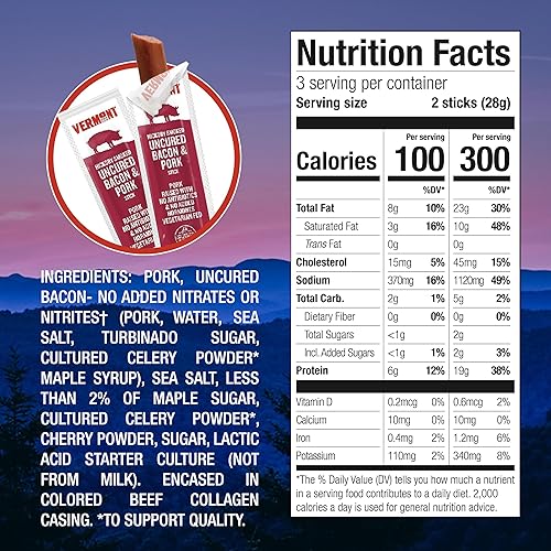 Vermont SMOKE & CURE - Palitos de aperitivos - Tocino sin curar - Cerdo - Ahumado de nogal - Proteína de carne saludable - Palitos de carne seca de