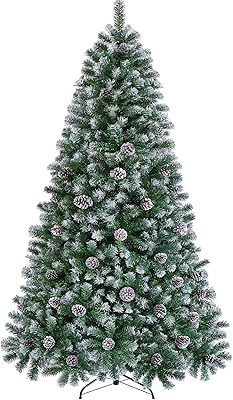 Yaheetech 7.5ft Artificial Christmas Tree, Snow Flocked Christmas Tree w/82 Pinecones, 1346 Frosted Tips, Pre-Decorated Tree for Holiday Party Decoration