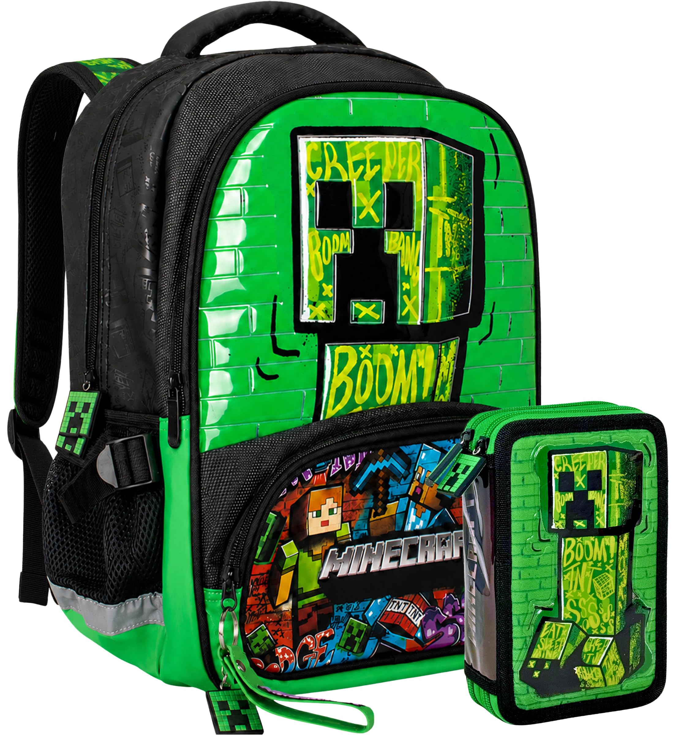 Set Scuola 2 Pezzi Per Minecraft Fan Zaino Scuola Elementare Bambino 42cm Ergonomico + Astuccio 2 Scomparti Completo (32 Accessori)