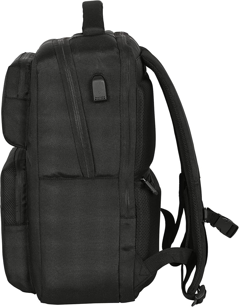 Deze 18,5-inch laptoprugzak heeft een USB-poort en biedt plaats aan een