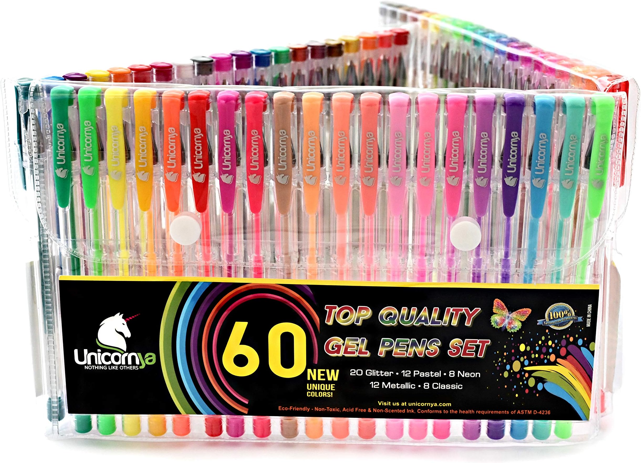 Unicornya Gel Pens 60-Unique-Colors with Case, Non-Acid and Non-Toxic, Eco-Friendly (0.8-1.0 mm Tips, Set of 60)