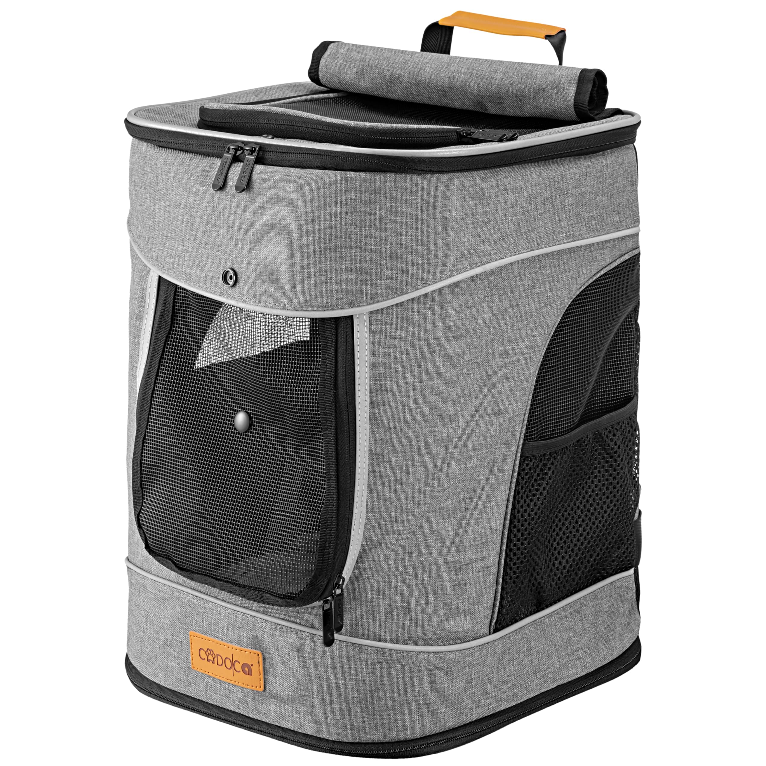 CADOCA® Mochila Transportín Perros Gatos 20 Kg Bolso Transporte Mascotas Plegable Correa Comedero Animales Tiras Reflectantes Viajes Excursiones Gris
