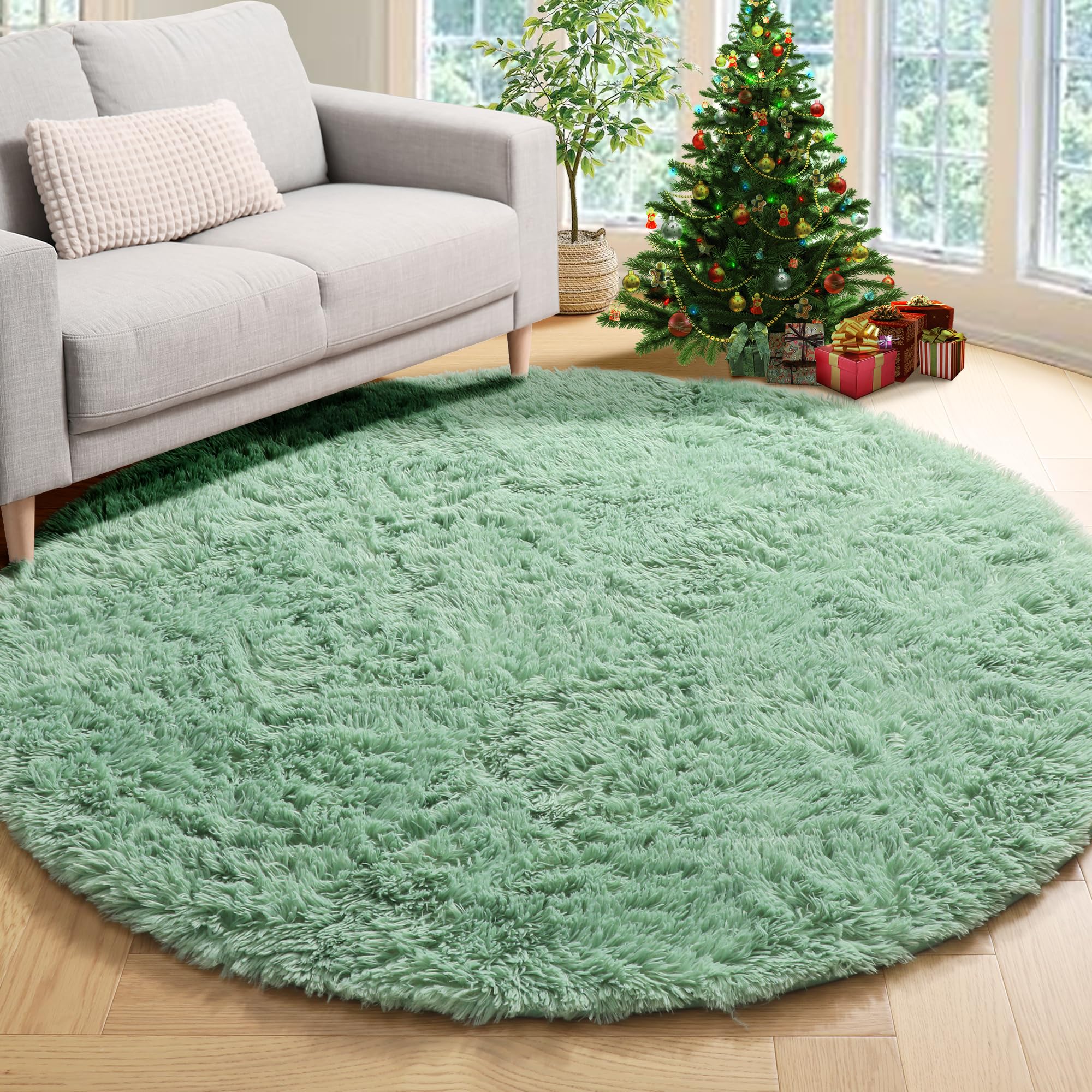 ONASAR Sage Green Rug for Bedroom 4ft, Fluffy Round Rug for Kids Room, Furry Carpet for Nursery, Soft Area Rug for Play Room, Pastel Colorful Rug for Living Room
