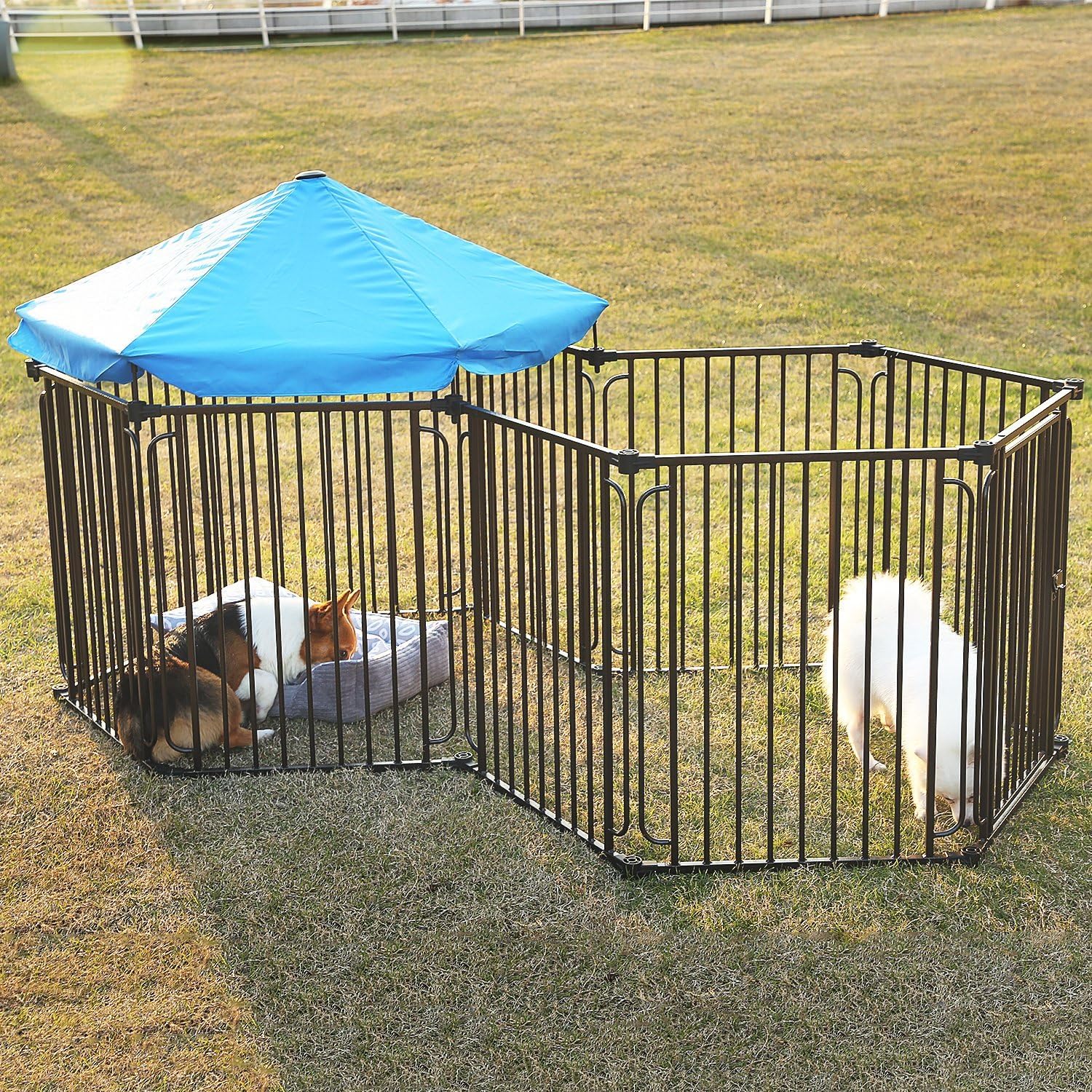 Heavy Duty Dog Playpen Kennel-LEMKA Pet Puppy Indoor & Outdoor Exercise Playpen with Door Foldable Dog Steel Crate Wire Metal Cage 10 Panels with Canopy