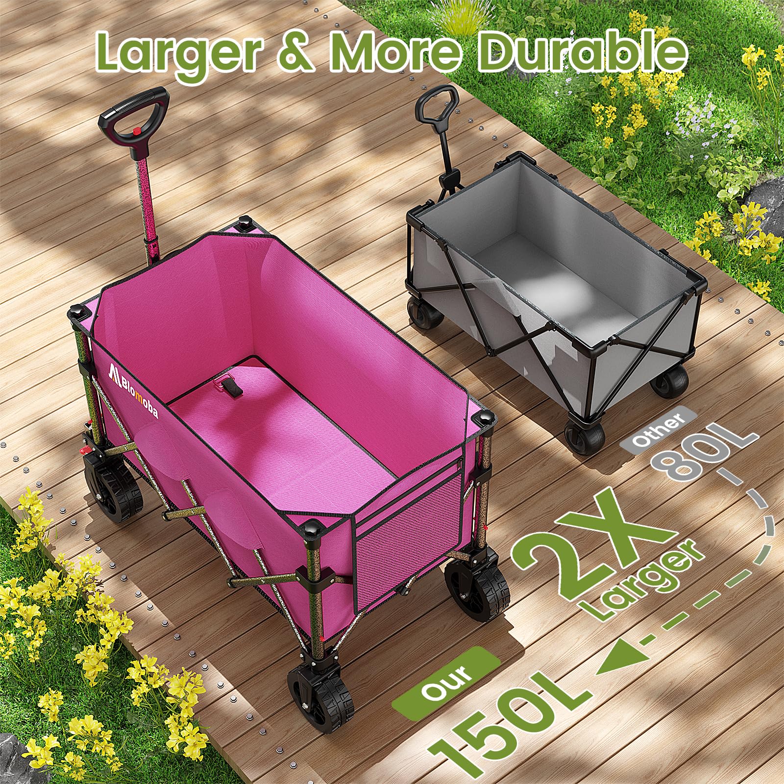 Blomoba Carro plegable de playa de 220 libras con ruedas más anchas y asa de rebote automático, carrito de compras de 150 litros para jardín, compras, camping, deportes, color rosa