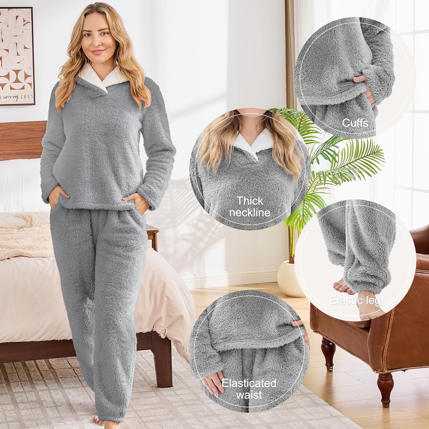 Fluffy Womens Pajama Sets, Pjs with Pants Winter Fuzzy Pajamas Fleece Soft Cozy Warm Ladies Loungewear - Image 3