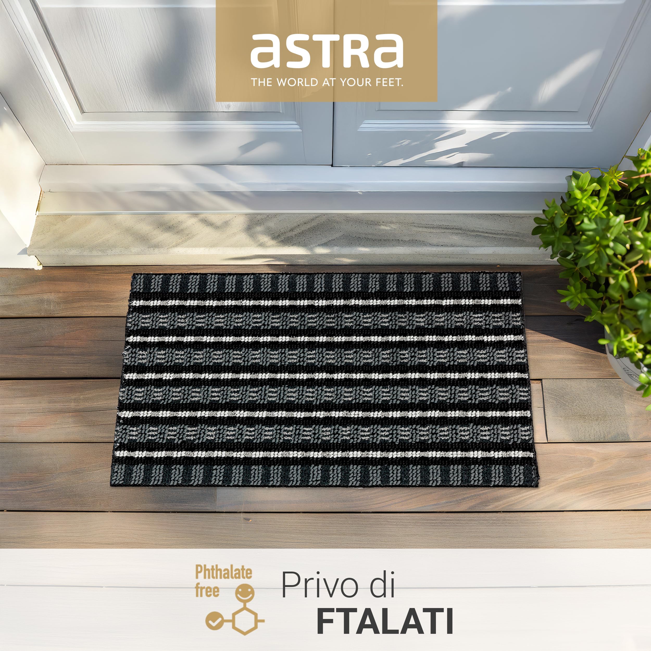 Astra Zerbino robusto con effetto spazzolato - Nero/Argento 50 x 80 cm - Zerbino da esterno con struttura a scanalature per la porta d'ingresso