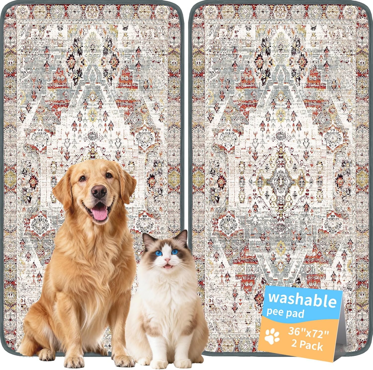 Washable Pee Pads for Dogs, Reusable Puppy Potty Training Pads, Ultra-Absorbent Thick Waterproof Leak-Proof Non-Slip Pads & Mat for Crate, Playpen, Floor, Whelping & Housebreaking , 2 Pack 36"x72"