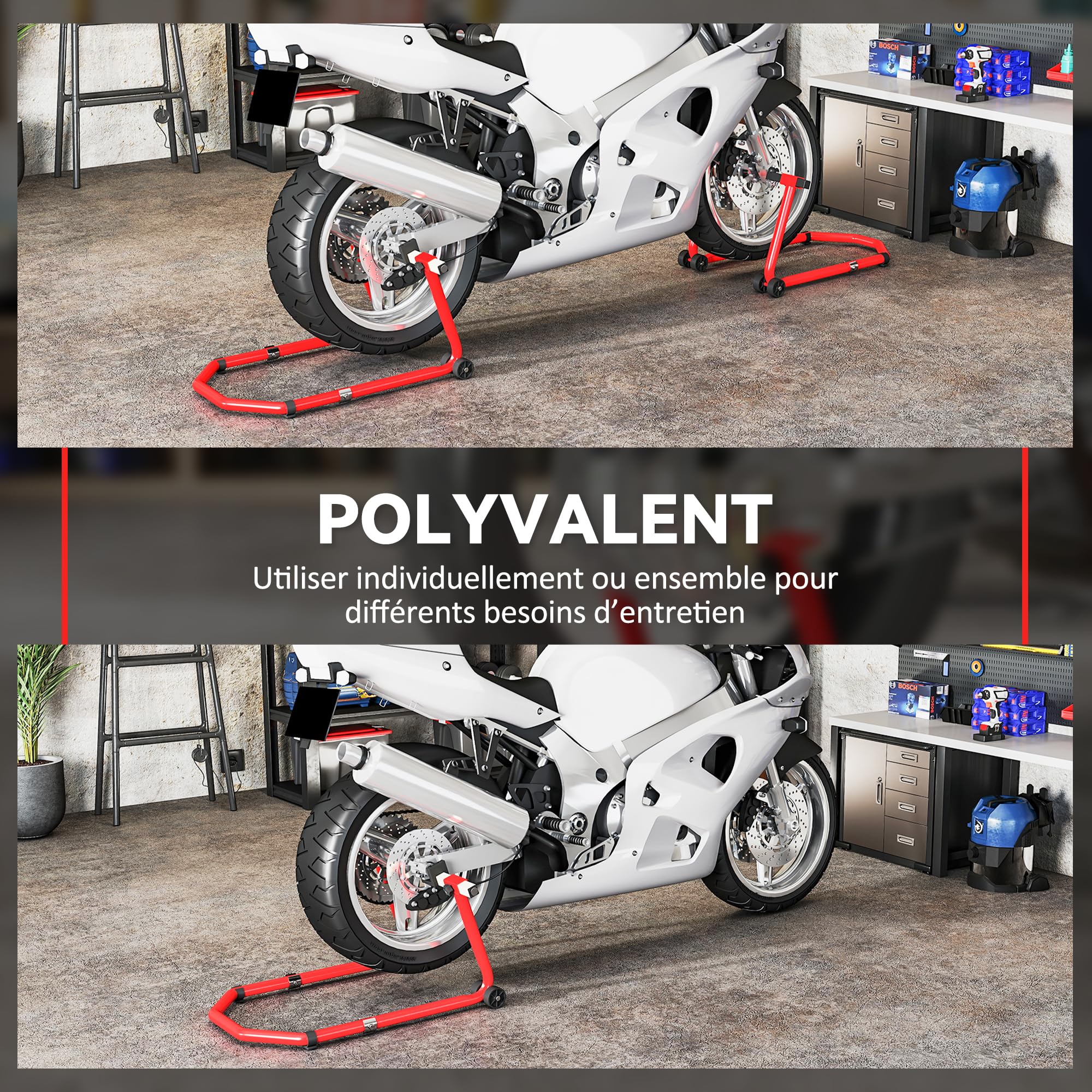 HOMCOM Béquille Moto, Capacité 390 kg, Support Avant et Arrière Réglable avec Fourches U+L, Roues, Clips de Serrage, Béquille Roue Avant Arrière, Rouge