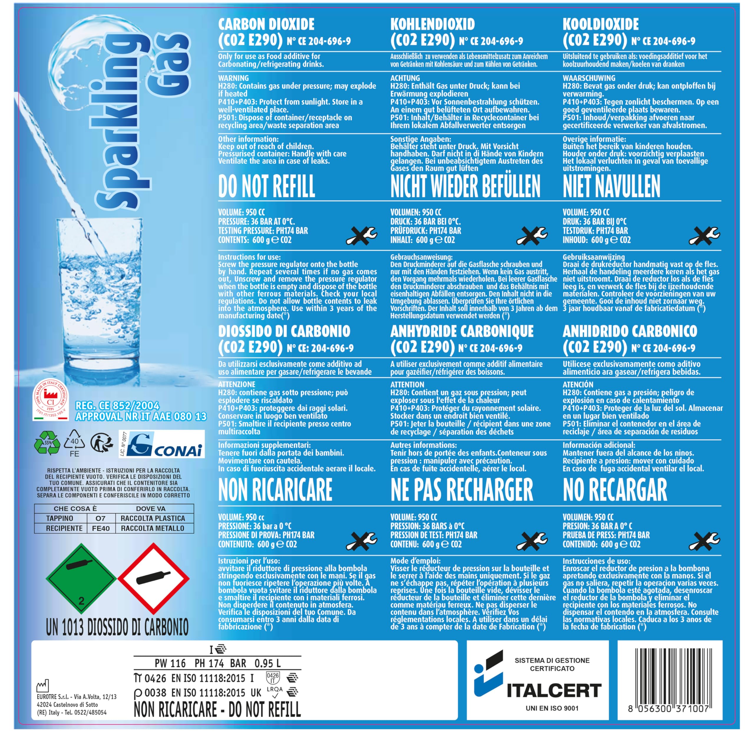 4 bouteilles de CO2 jetables de 600 g e290 pour eau pétillante