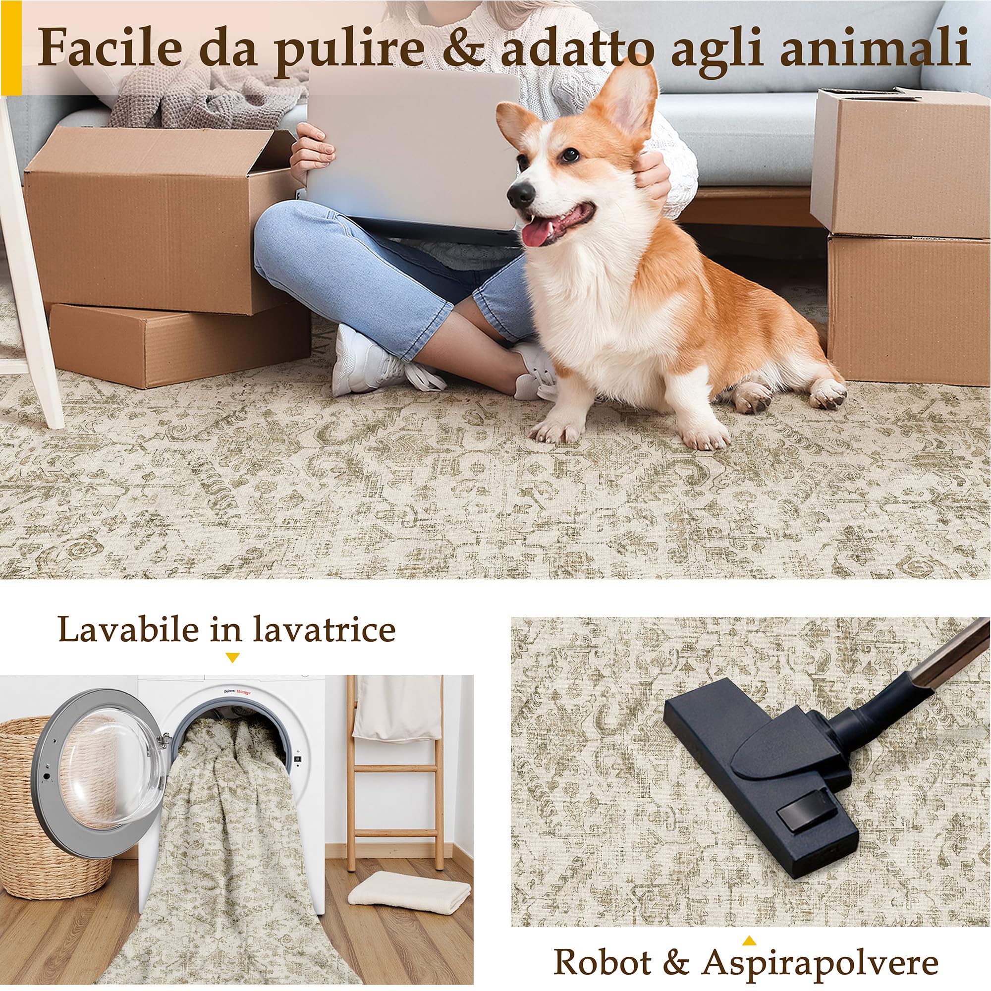 PureCozy Tappeto Corridoio Vintage Marrone 60x240 Cm – Antiscivolo, Lavabile In Lavatrice, In Polipropilene – Per Ingresso, Cucina, Camera E Ufficio