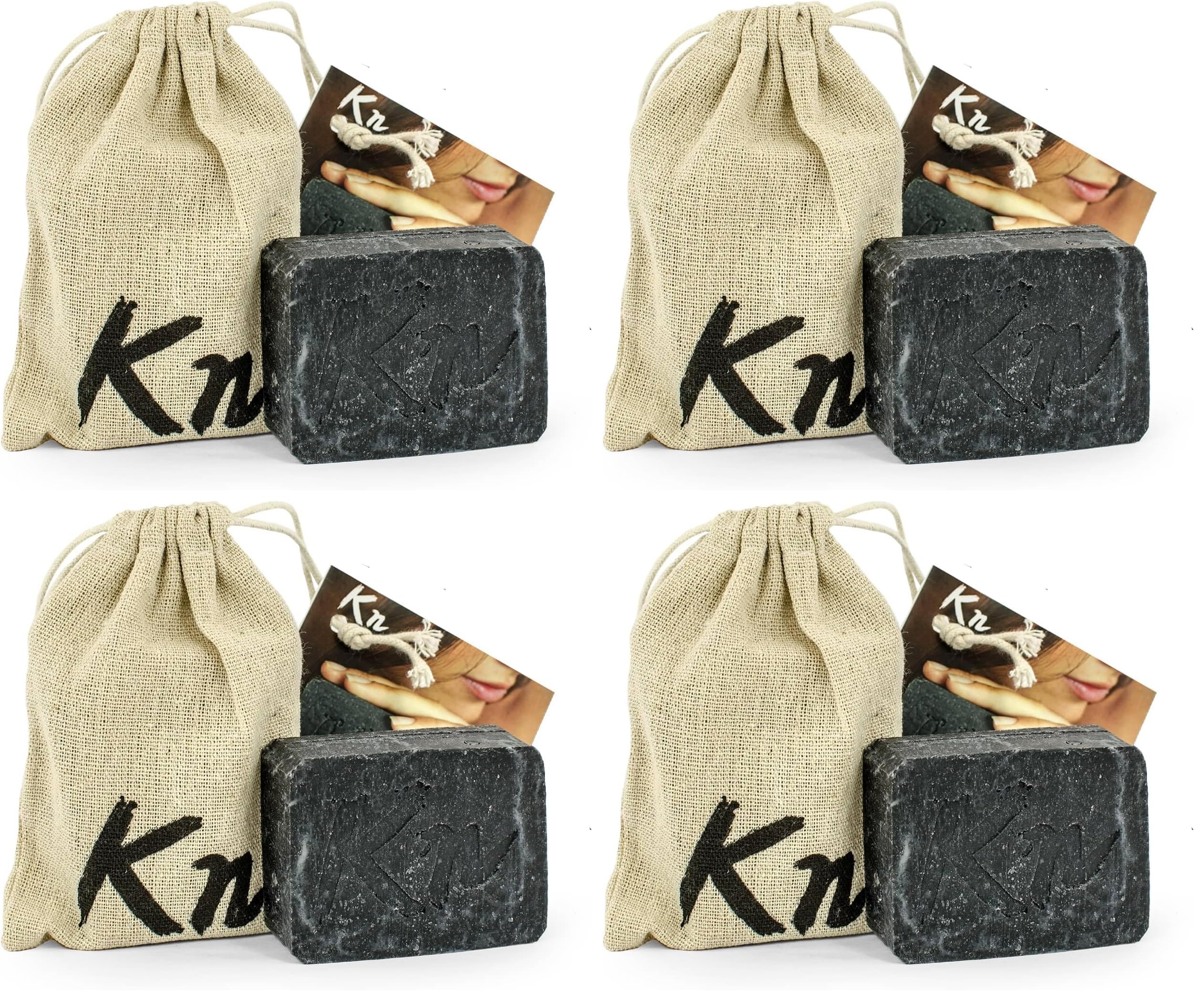 Schwarze Seife von Karbonoir, mit Aktivkohle aus Kokosnussschalen, ohne Palmöl, effektiv bei Akne, Mitesser und anderen Hautproblemen, für alle Hauttypen - 100g (Packung mit 4)