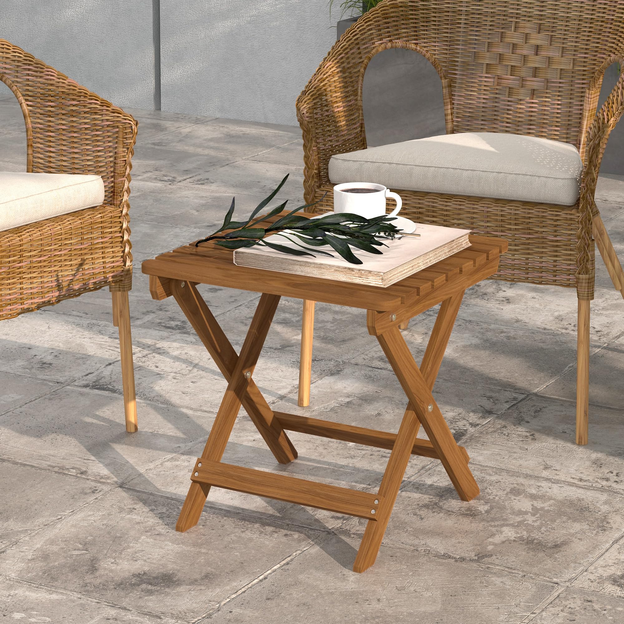 Outsunny Lot de 2 tables d'appoint d'extérieur pliables en bois pour jardin, balcon, teck, 45 x 45 x 45 cm