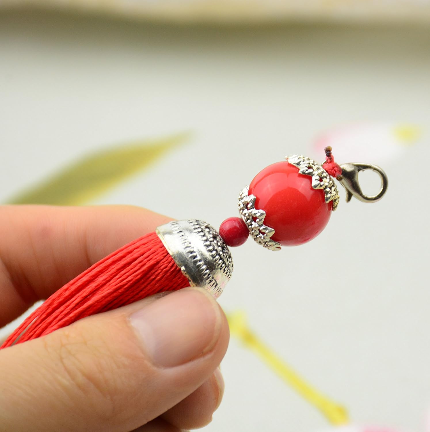 Makhry 10 pcs 4.5 Inch Handmade Silky Floss Lobster Clasp Tassel Key chain Beads Bookmark Tassel Pendant for DIY Craft Jewelry Women Earring (Red - Image 4