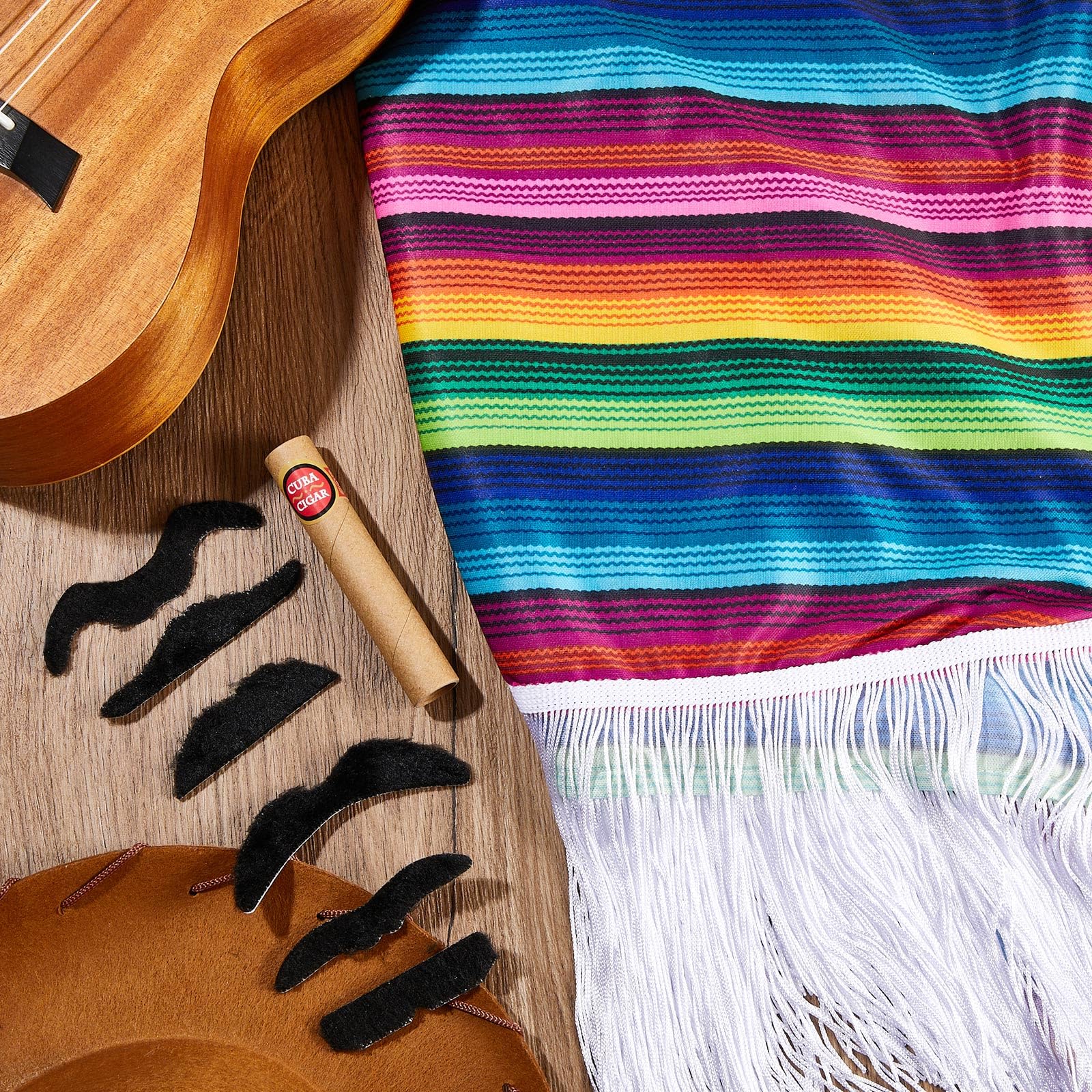 Hicarer Set de 3 Disfraces de Carnaval Mexicanos Poncho Mexicano Colorido Sarape de Fiesta Festivo Bigote Divertido Cigarro Falso para Hombre Mujer Adulto Cosplay Traje Accesorio (Color brillante)