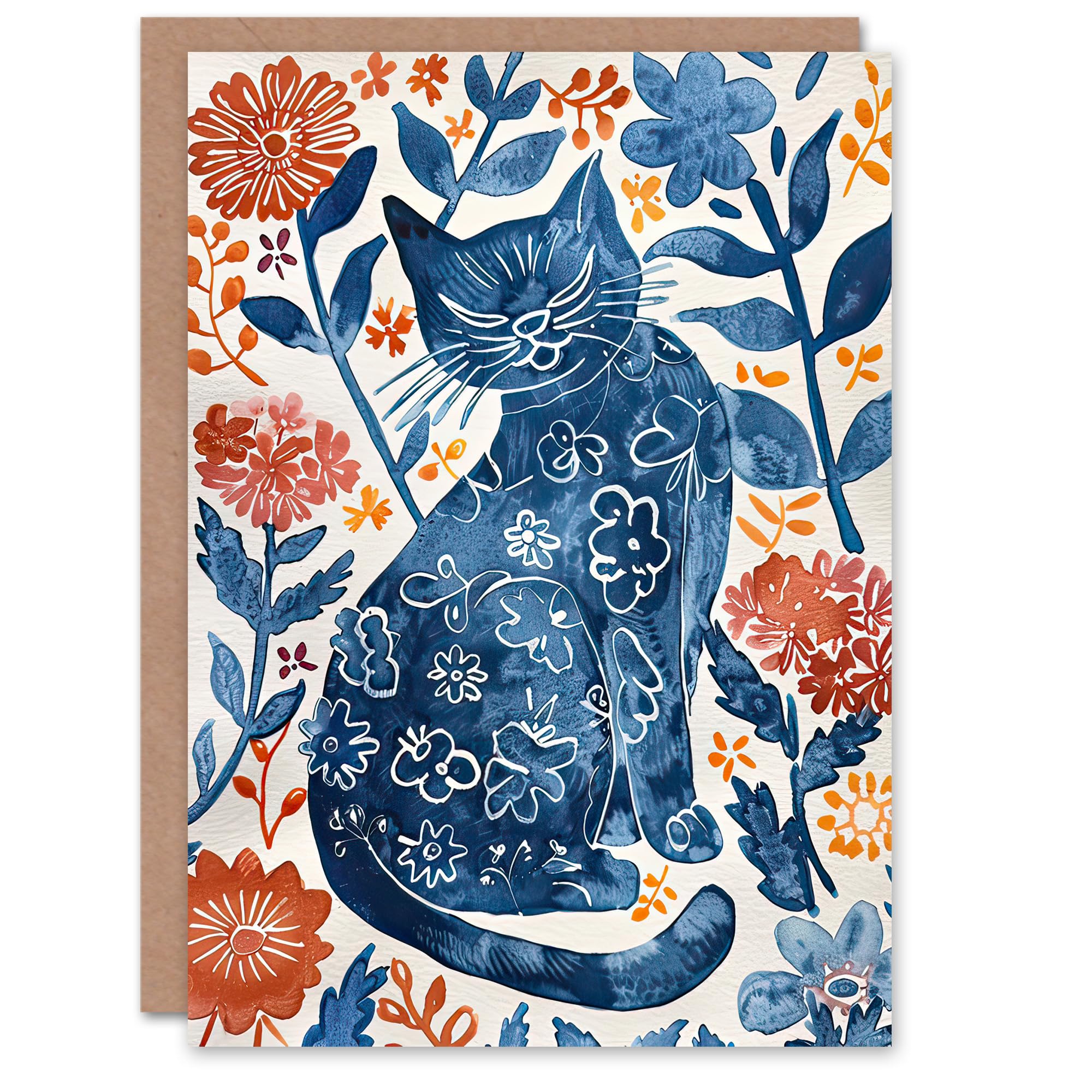 Artery8 Greeting Card Cat Lover Blue Red Floral Japanese Style Pattern Blank For Him Or Her Art Birthday Card