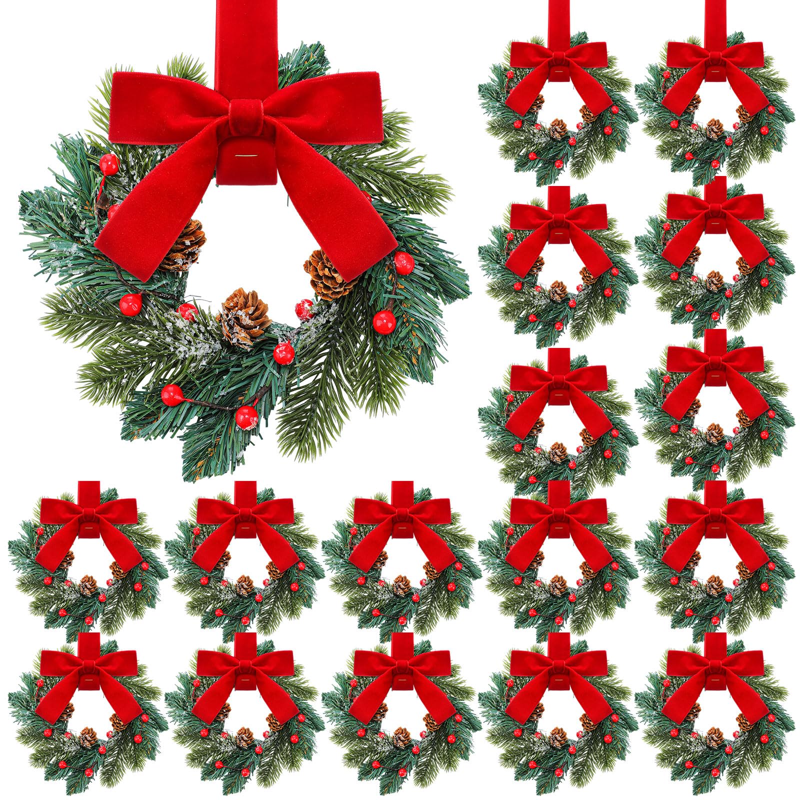 Knitgrip 18 Pcs Mini Christmas Kitchen Wreath with Red Bow Pine Cone Decor