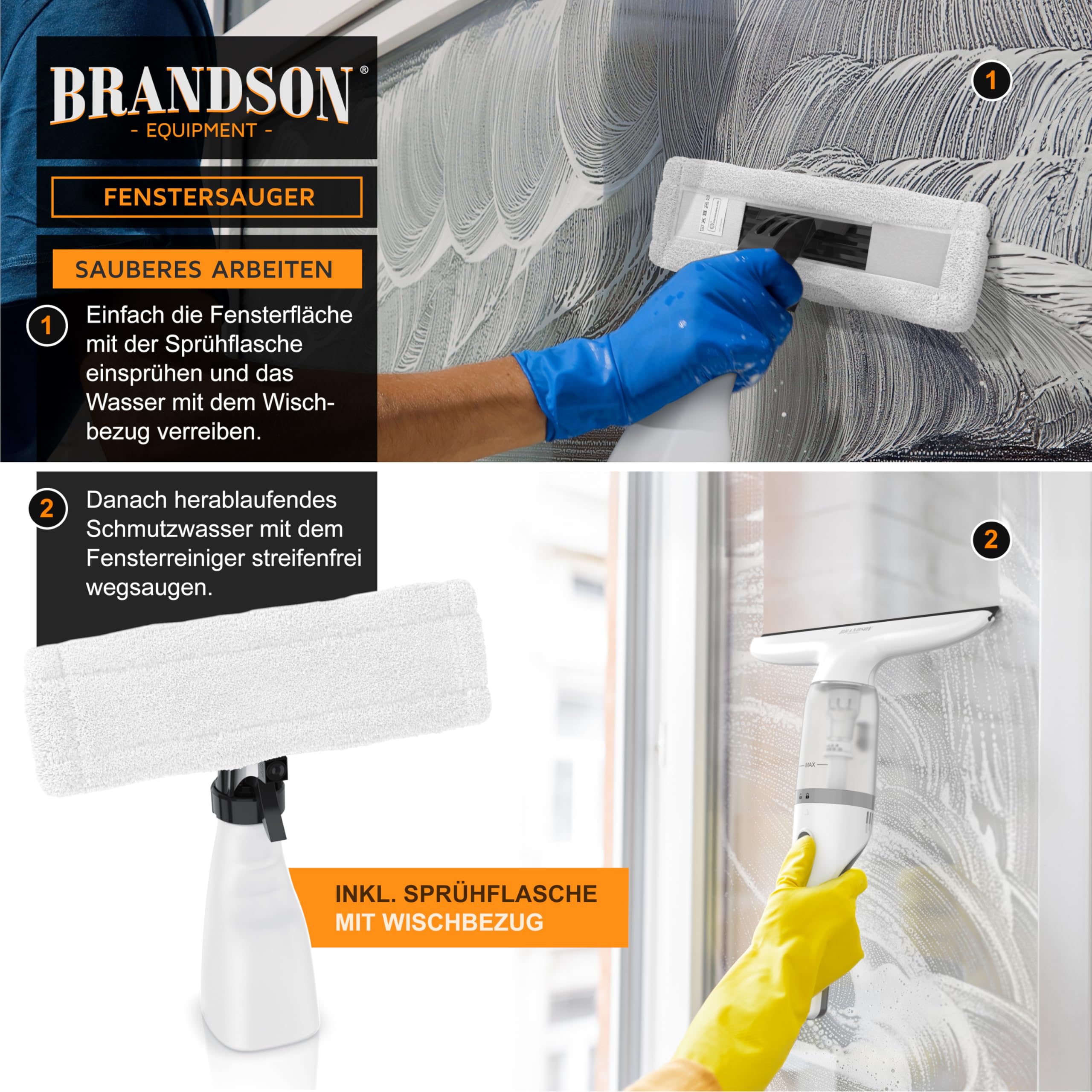 Brandson - Akku Fenstersauger kabellos – Fensterreiniger elektrisch 2200 mAh Li-Io-Akku – Laufzeit ca. 30 min. – 28 cm Saugdüse – 60 ml Wassertank – inkl. Sprühflasche