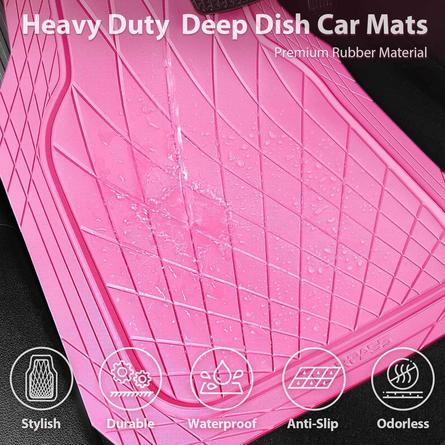 CAR PASS Heavy Duty Rubber Car Floor Mats, Deep Dish All Weather Car Mats Full Set, 3 Piece Waterproof Premium Anti-Slip Floor Mats Rugs Universal Trim to Fit for 95% Sedan SUV Van Truck, Pink - Image 5