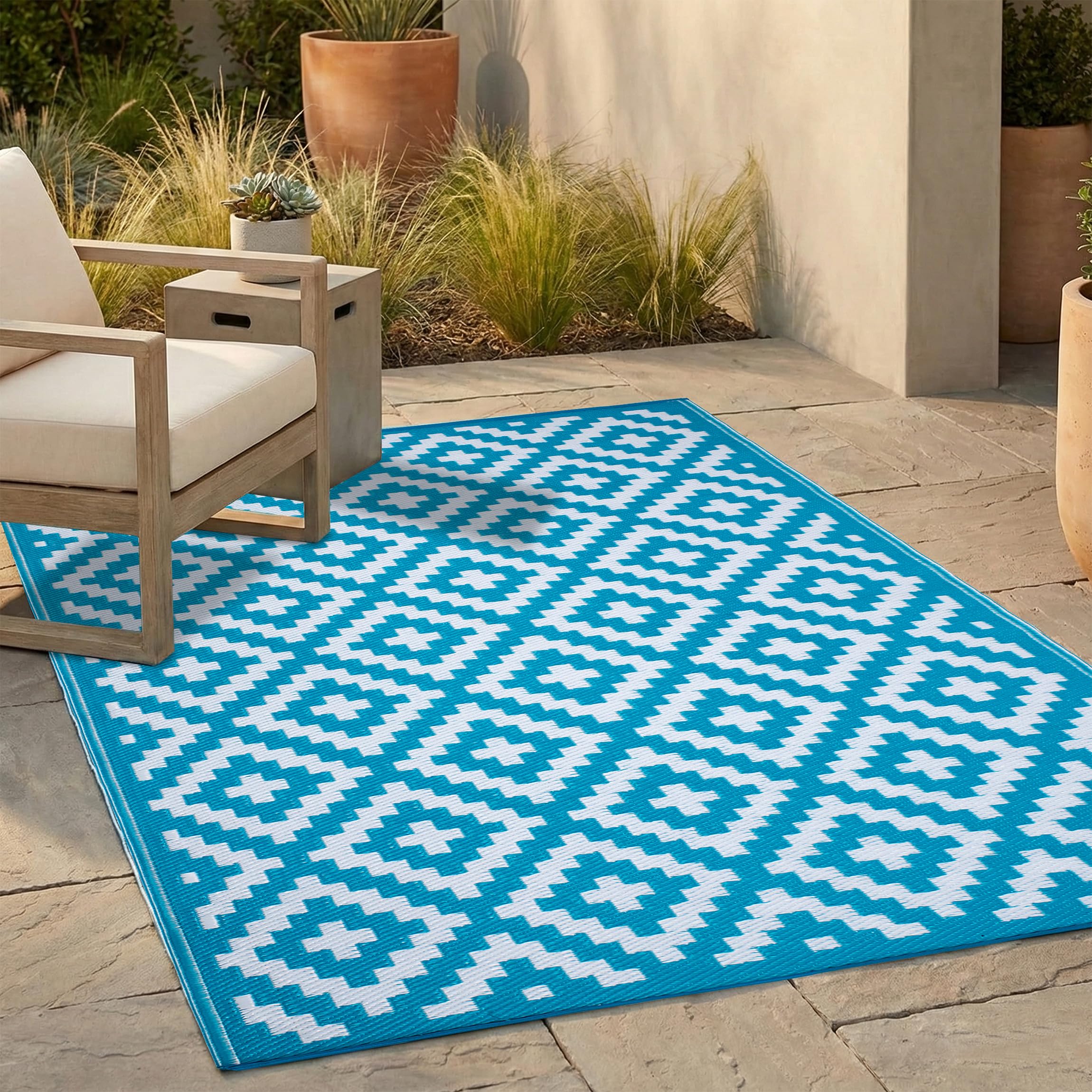 FH Home Outdoor Rug - Waterproof, Fade Resistant, Reversible - Premium Recycled Plastic - Geometric - Patio, Deck, Porch, Balcony, Laundry Room - Aztec - Teal & White Crease Free - 4 x 6 ft