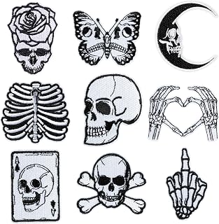 9 Pcs Skull Iron on Patches Horror Goth Punk Skeleton Heart Hands Crossbones Sew on Embroidered Applique Repair Patch DIY Craft Accessories Cool Halloween Embroidery Gifts for Clothing Backpack Hat