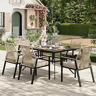MIXPATIO 7 Pieces Outdoor Dining Set for 6, Patio Dining Set Wicker Rattan Chairs with Soft Cushion and Metal Rectangular Table, Wicker Patio Table and Chairs for Backyard Porch
