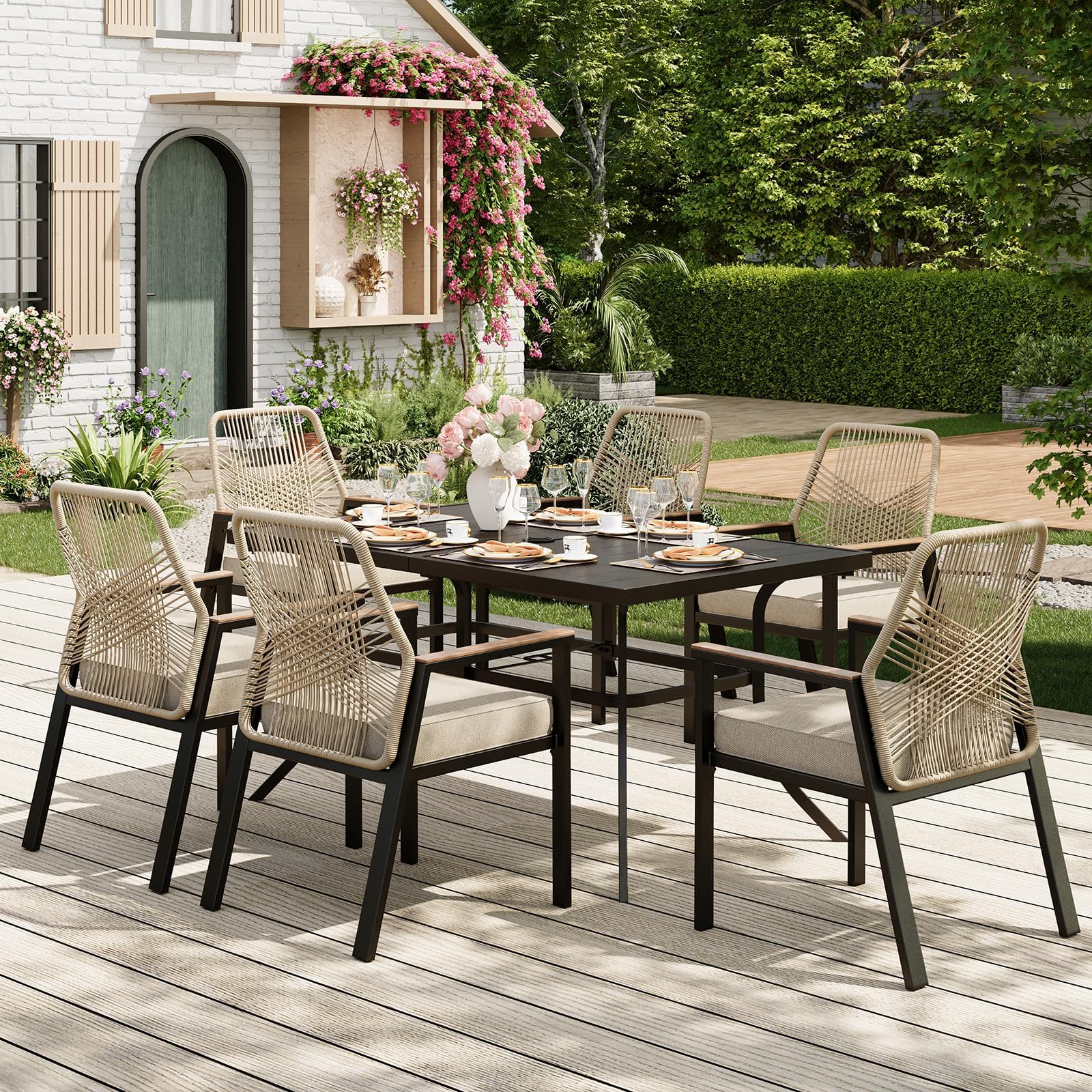 7 Pieces Outdoor Dining Set for 6, Patio Dining Set Wicker Rattan Chairs with Soft Cushion and Metal Rectangular Table, Wicker Patio Table and Chairs for Backyard Porch