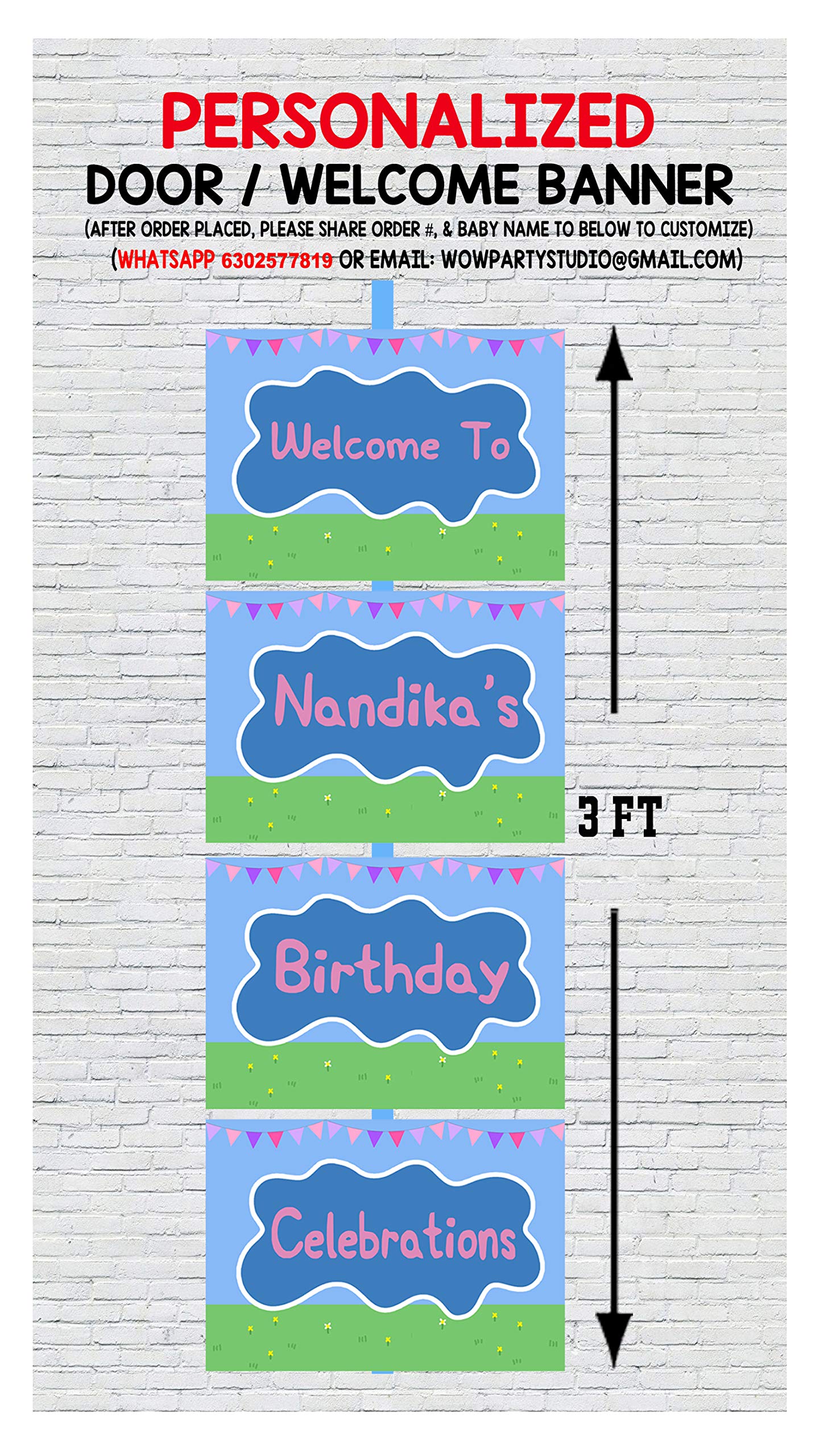 WoW Party Studio Personalized Pig Cartoon Theme Party Happy Birthday Decorations Door / Welcome Banner with Birthday Boy/Girl Name - 3ft Ht