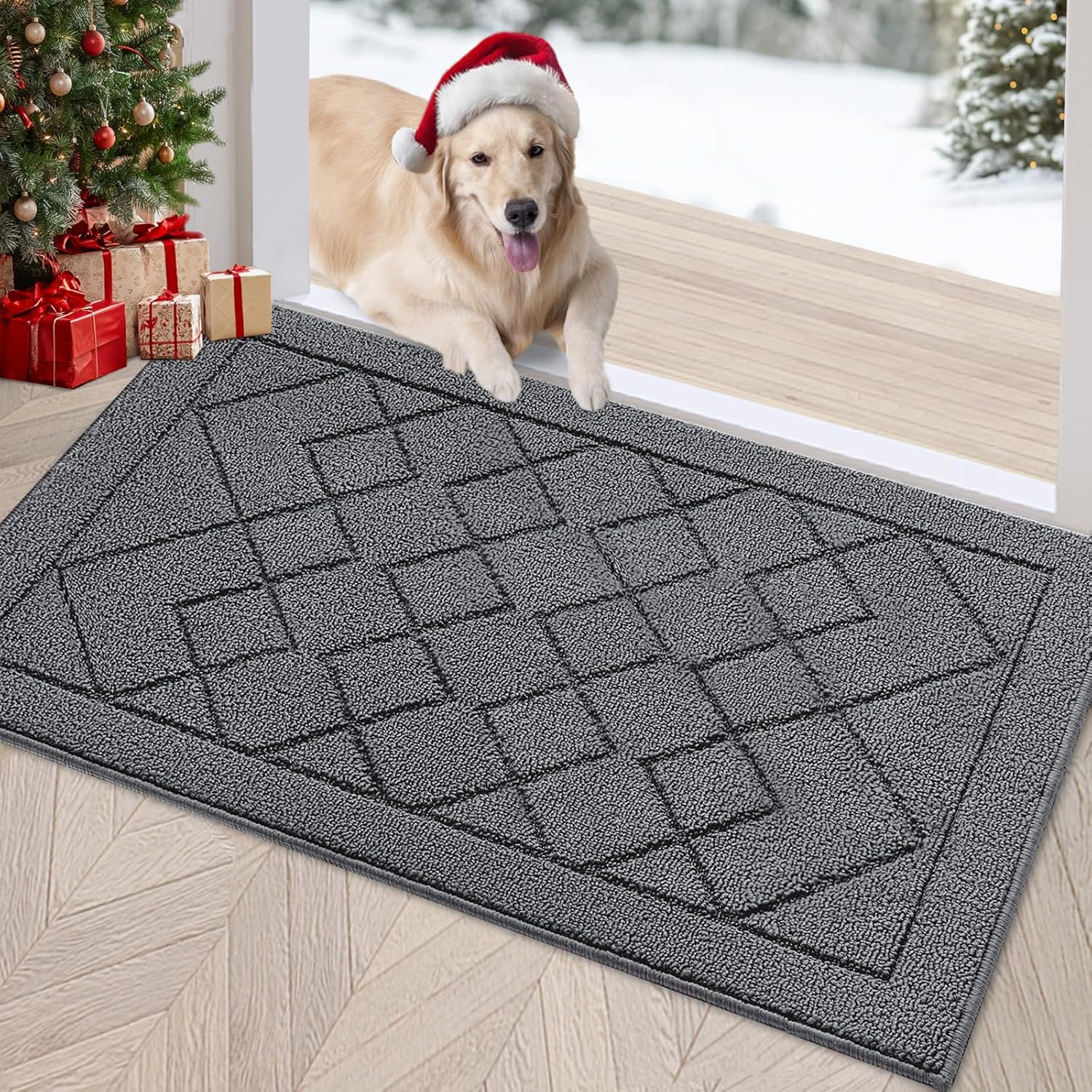 REFETONE Indoor Doormat, Front Back Door Mat 24"x36" Rubber Backing Non Slip Mats, Absorbent Washable Entrance Doormat for Entryway, Resist Dirt Low-Profile Inside Floor Mat for Muddy Shoes, Grey 2' x 3' (Rectangular) Big Plaid Dark Grey