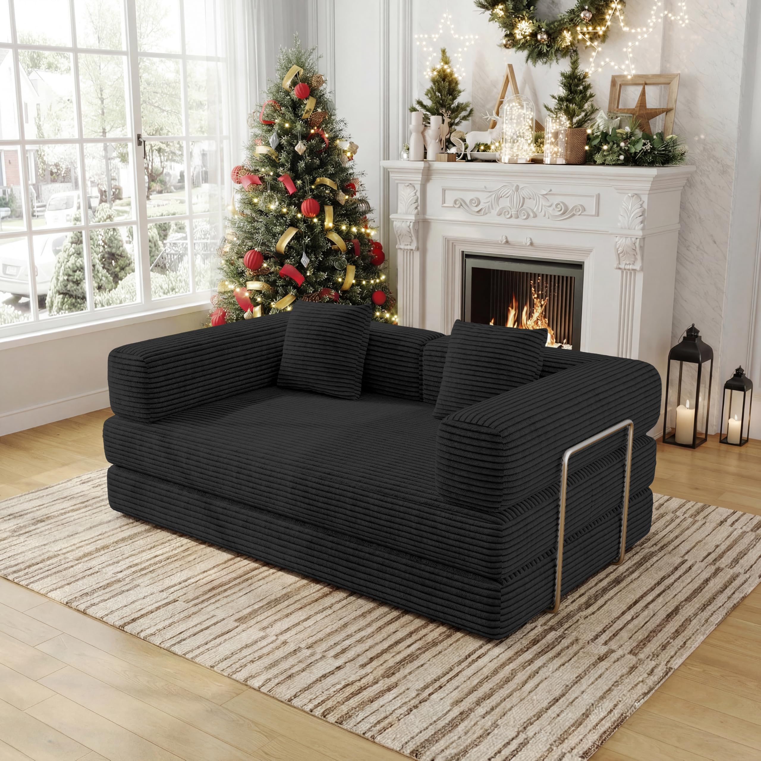 BSHOMGI 59 Inch Convertible Sofa Bed, 4-in-1 Futon Sofa Bed Pull Out Sleeper Couch, Modular Couches Bed for Living Room, Corduroy Boneless Loveseat for Bedroom, Apartment, No Assembly, Black, 2 Seat