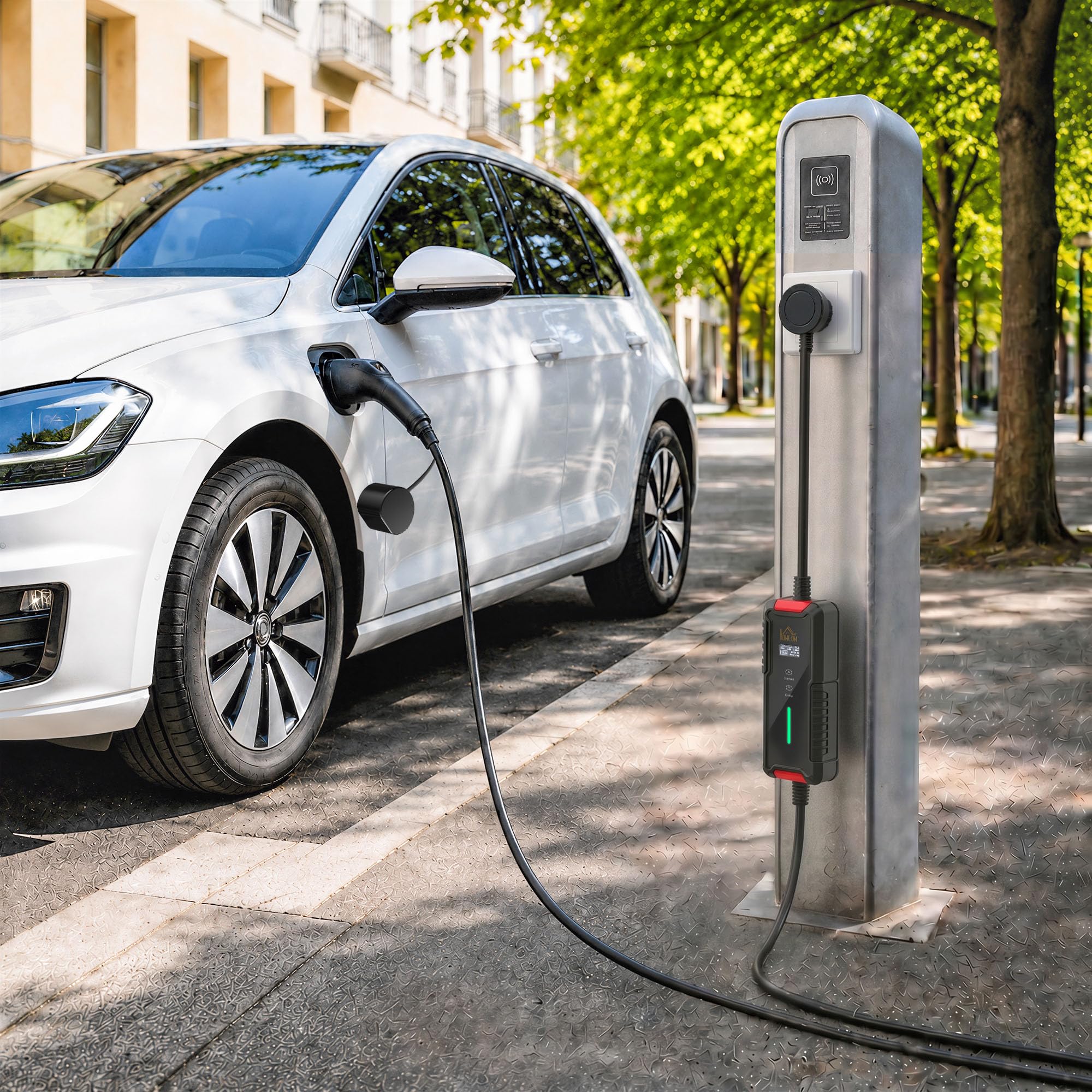 HOMCOM Ładowarka samochodowa typu 2 3,5kW [5m, 6/8/10/13/16A] - przenośny kabel ładujący z cyfrowym wyświetlaczem LCD i bezpiecznym samowyzwalaczem - Mobilna stacja ścienna do VE PHEV Zoe Tesla e-208