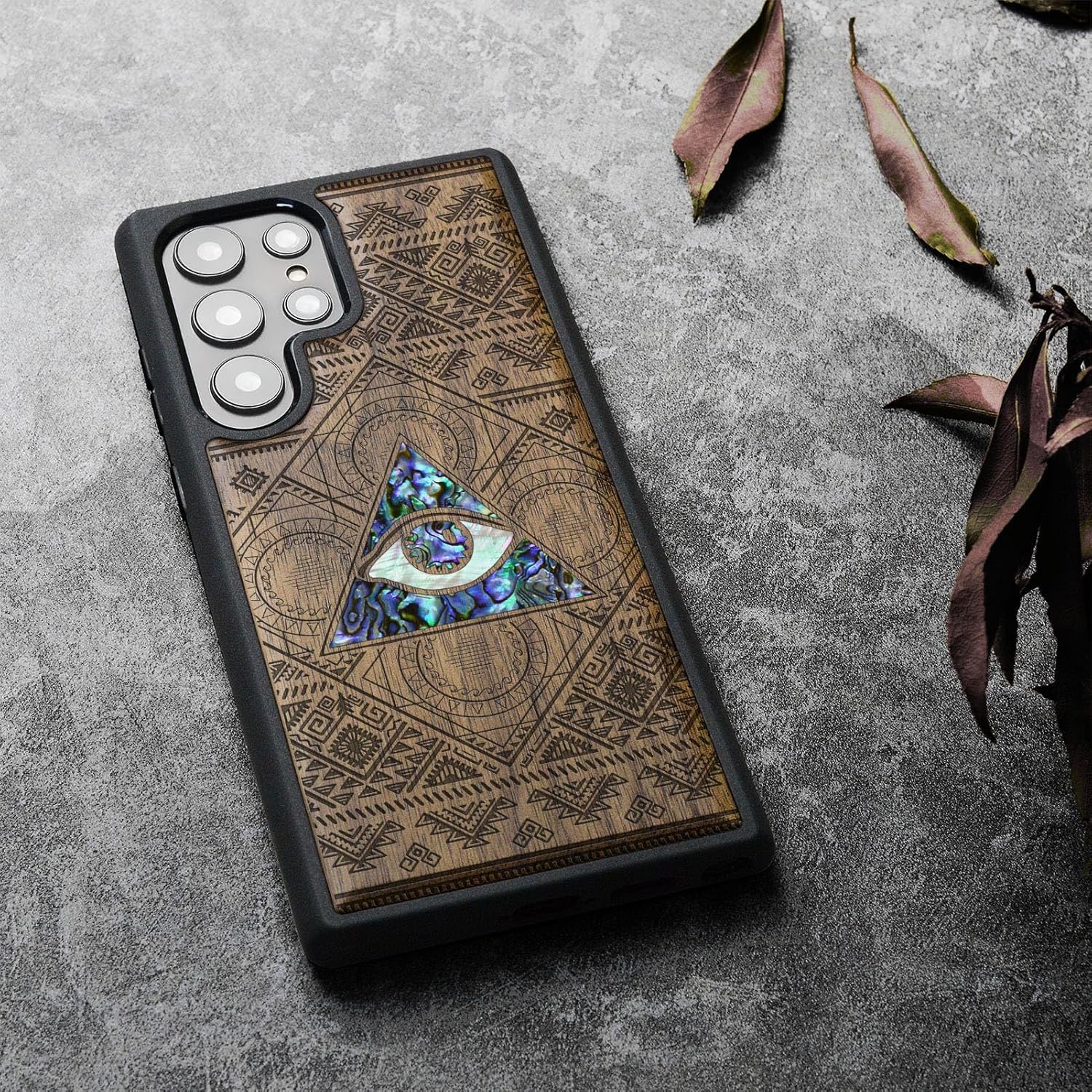 Carveit Designer Wooden Case for Samsung Galaxy S24 Ultra Case [Wood Engraving & Shell Inlay] Compatible with Wireless Chargers S24 Ultra Cover (Tribal Seer - All-Seeing Eye-Walnut)
