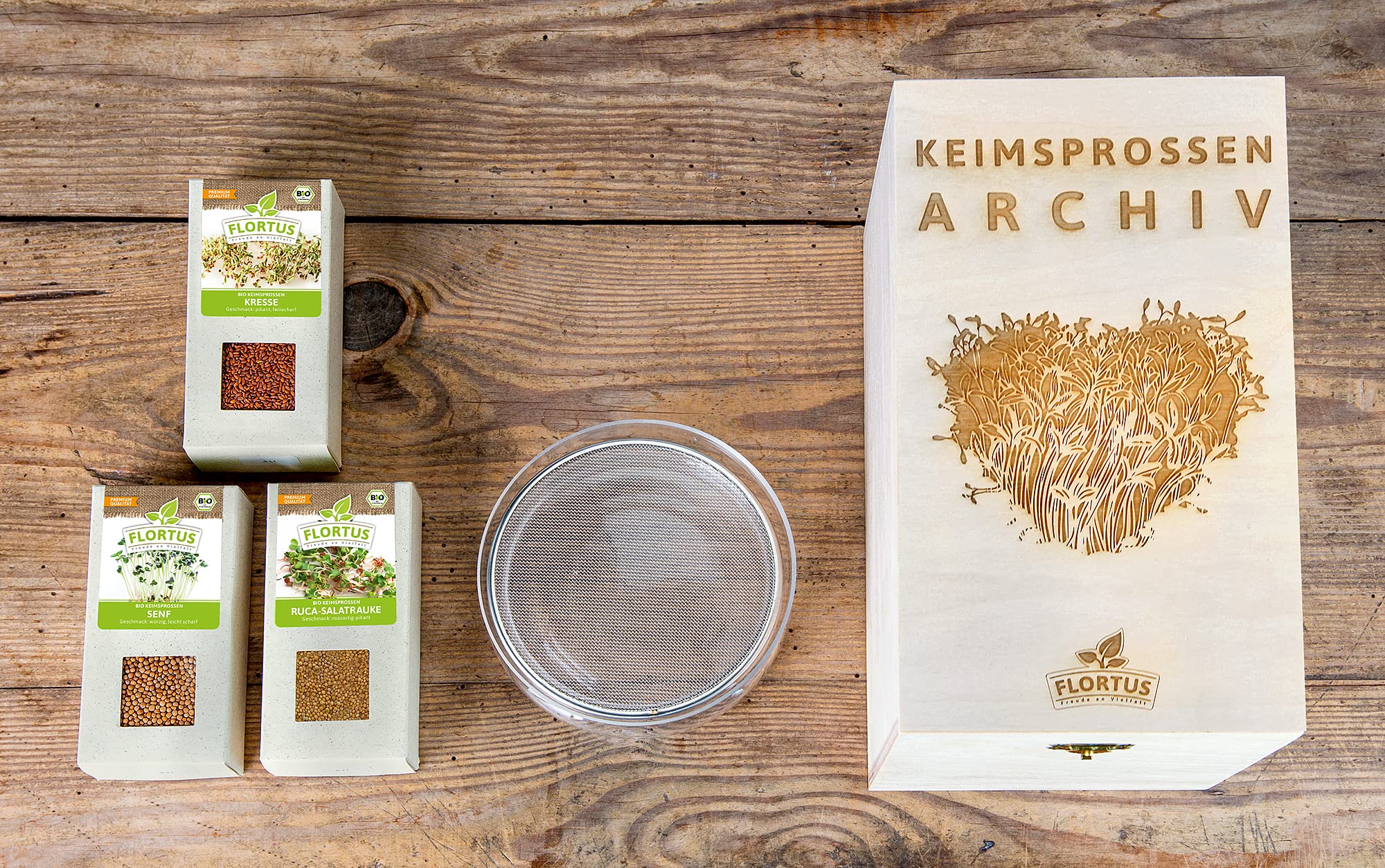 FLORTUS BIO Keimsprossen Archiv Geschenkbox Lieblingssprossen - inkl. 3 Sprossen Sorten & Keimschale aus Glas | Kresse, Senf & Rucola | Geschenkset mit Keimgerät, Microgreens & Sprossen Samen