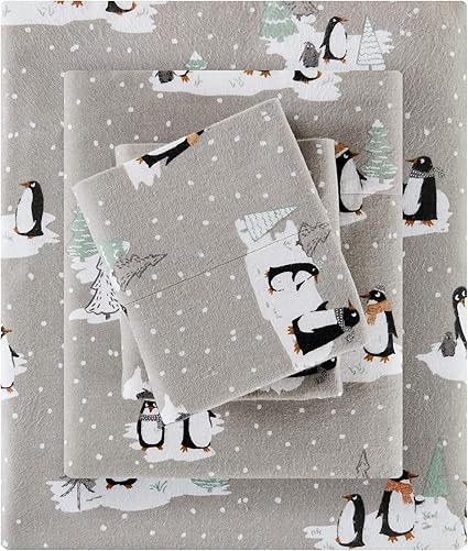 True North by Sleep Philosophy Cozy Flannel Warm 100% Cotton Sheet - Novelty Print Animals Stars Cute Ultra Soft Cold Weather Bedding Set, Queen, Grey Penguins