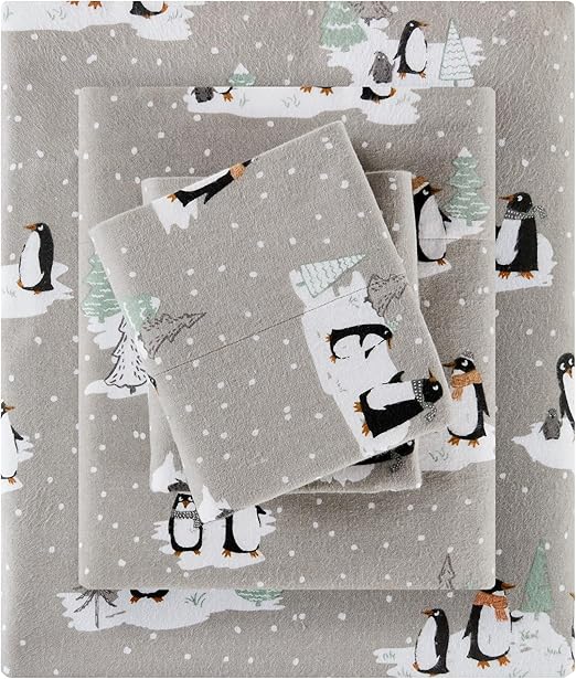 True North by Sleep Philosophy Cozy Flannel Warm 100% Cotton Sheet - Novelty Print Animals Stars Cute Ultra Soft Cold Weather Bedding Set, Queen, Grey Penguins
