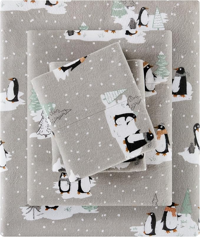 True North by Sleep Philosophy Cozy Flannel Warm 100% Cotton Sheet - Novelty Print Animals Stars Cute Ultra Soft Cold Weather Bedding Set, Queen, Grey Penguins