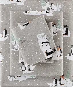 True North by Sleep Philosophy Cozy Flannel Warm 100% Cotton Sheet - Novelty Print Animals Stars Cute Ultra Soft Cold Weather Bedding Set, Queen, Grey Penguins