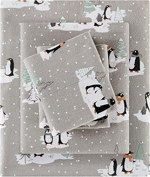 True North by Sleep Philosophy Cozy Flannel Warm 100% Cotton Sheet - Novelty Print Animals Stars Cute Ultra Soft Cold Weather Bedding Set, Queen, Grey Penguins