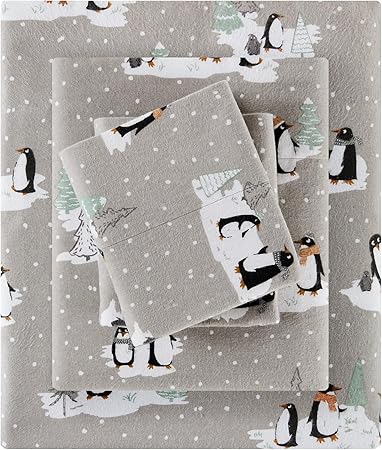 True North by Sleep Philosophy Cozy Flannel Warm 100% Cotton Sheet - Novelty Print Animals Stars Cute Ultra Soft Cold Weather Bedding Set, Queen, Grey Penguins