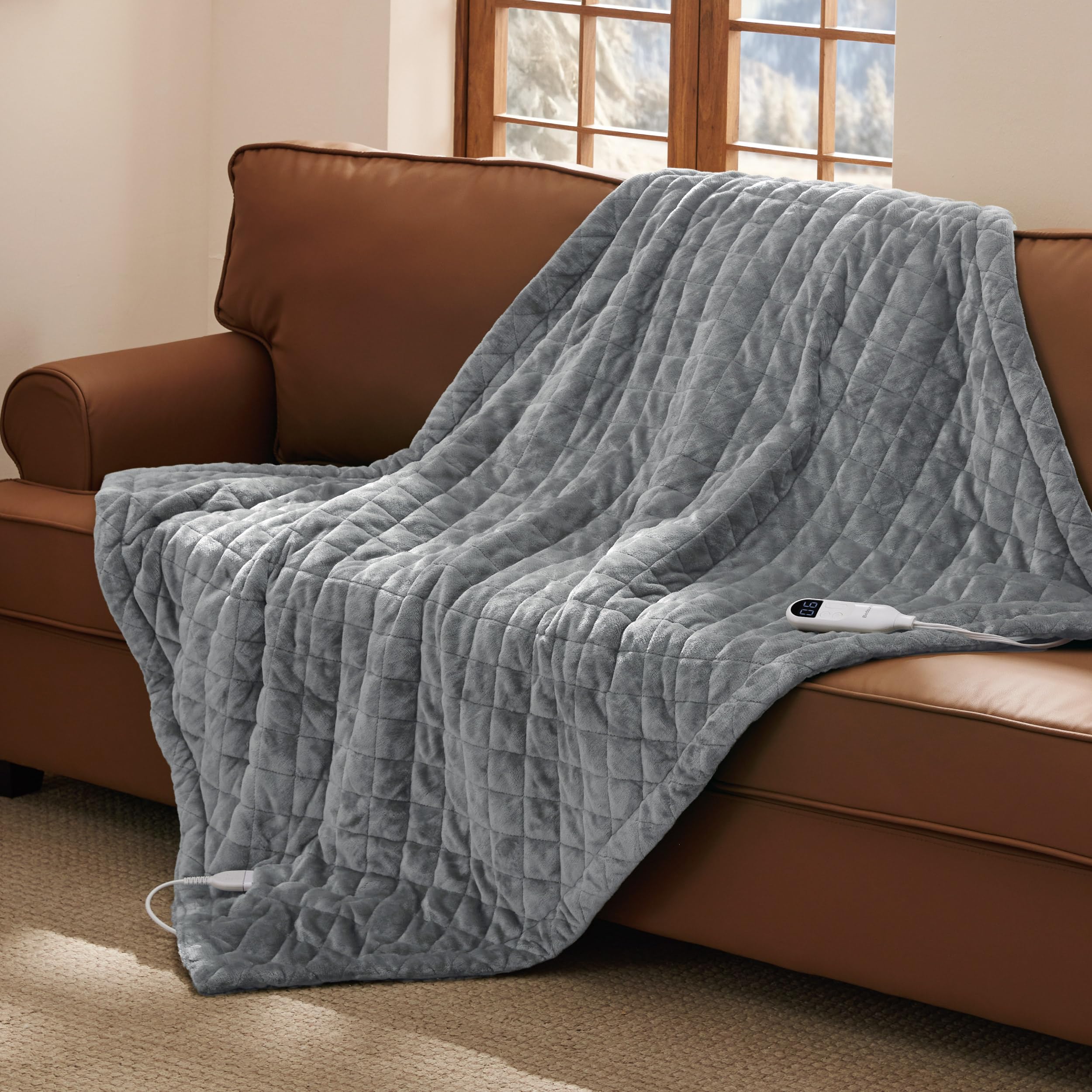 Bedsure Luxury Quilted Heated Throw Blanket, Filled Electric Blanket, Gray | Diamond Quilted, Ultra Soft, Comforter-Like Warmth, Fast Heating, Memory &amp; Preheat, 1-10 H Auto Off, 10 Heat Settings, 50x60