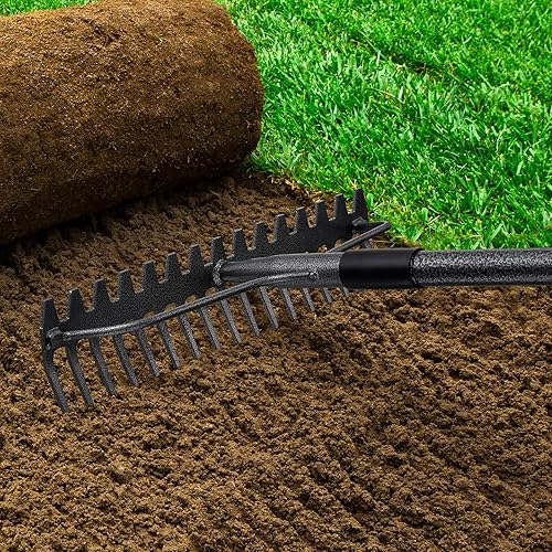 Rastrillo de 49 pulgadas, herramienta de jardín extra ancha de 17 pulgadas con cabezal de doble cara, construcción de acero inoxidable ligero y