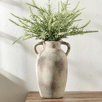 PORCER 9.84 Inch Ceramic Vase with Handles, Tuscan Decor Antique Terracotta Vase, Rustic Decorative Flower Vase for Home Decor, Farmhouse, Living Room, Table, Bedroom, Office, Entrance- Gray