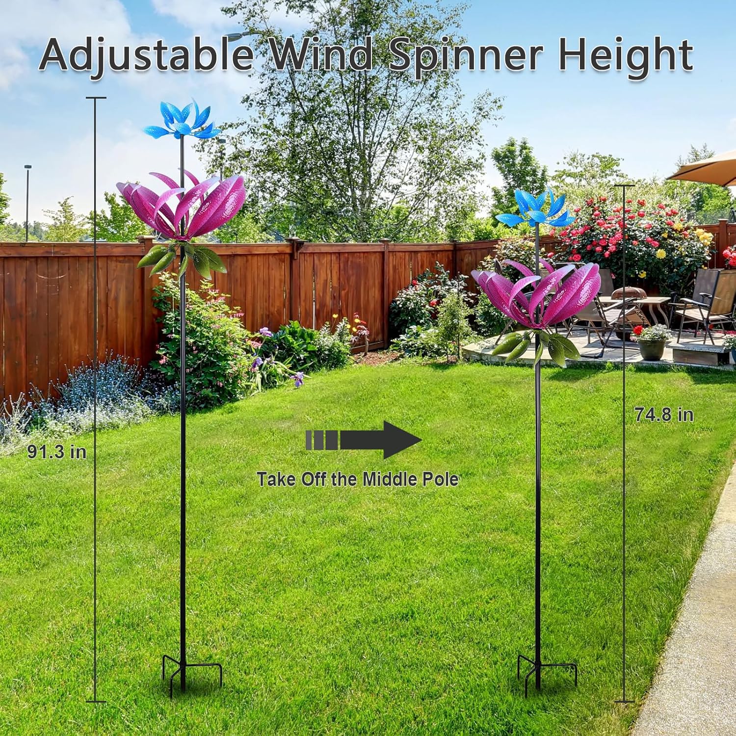 hogardeck Large Wind Spinner Outdoor, 91.3" Metal Flowers Wind Spinner with Heavy-Duty Stakes, 360° Rotating Triple-Layer Kinetic Yard Art for Home Outside Garden Lawn Backyard Patio Decor