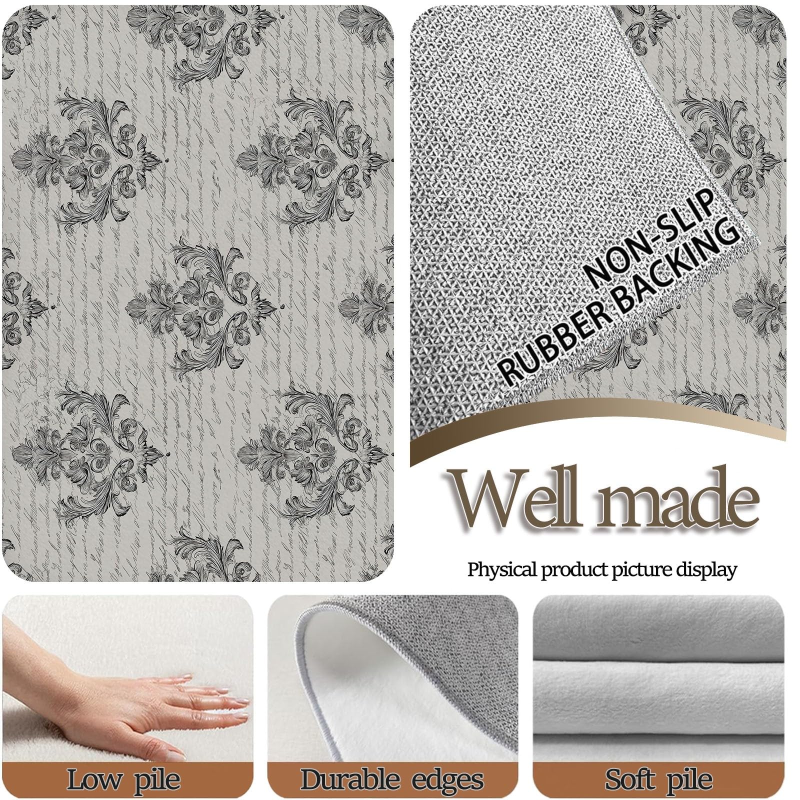 Retro Handbemalt Botanisch Teppich 120 x 170 cm Schwarz Wohnzimmerteppich Schlafzimmerteppich Waschbarerteppich Rutschfester Teppich für Küche Esszimmer, Pflegeleicht & Langlebig,
