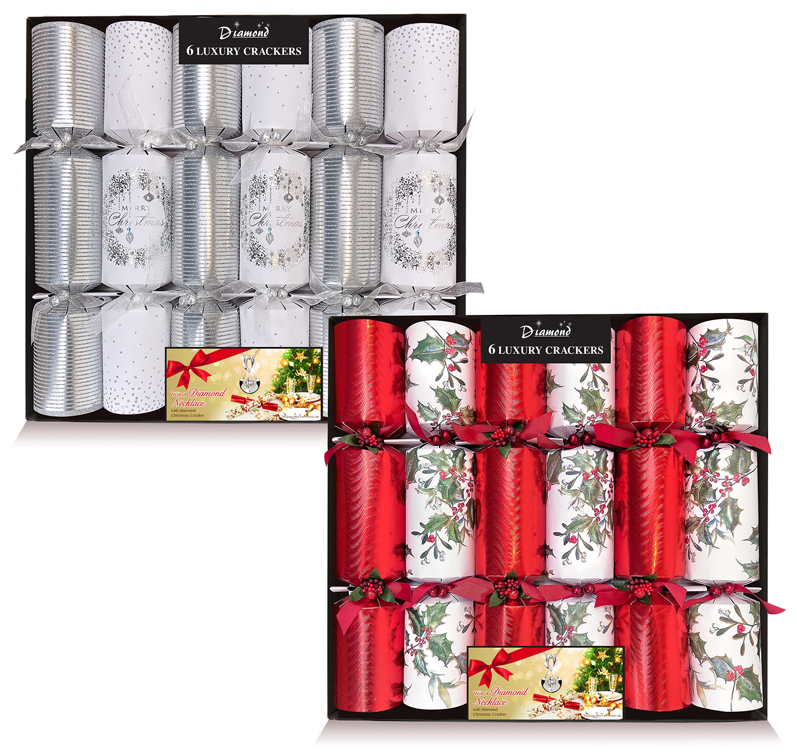 Luxury Christmas Crackers Traditional Foliage + Silver Wreath - 2 x Pack 6 x 14.5in with Supreme contents + 12pcs of Bingo Card - By Diamond Brand
