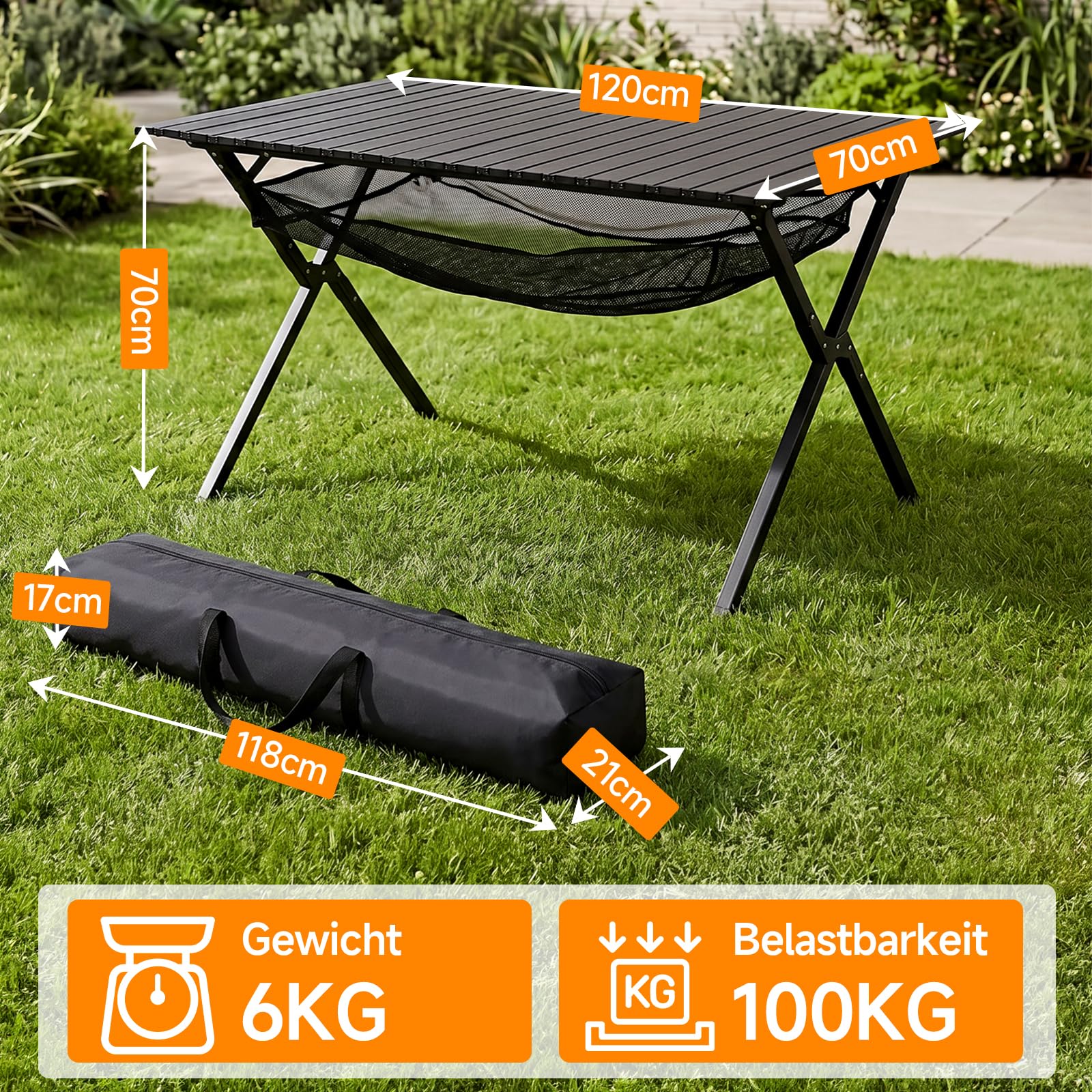 HAUSPROFI Campingtisch Klappbar 120x70x70cm Groß für 4-6 Personen, Klapptisch Aluminium 100 kg Belastbar, Falttisch mit Tragetasche, Outdoortisch Tragbar für Camping Picknick Garten Balkon, Schwarz