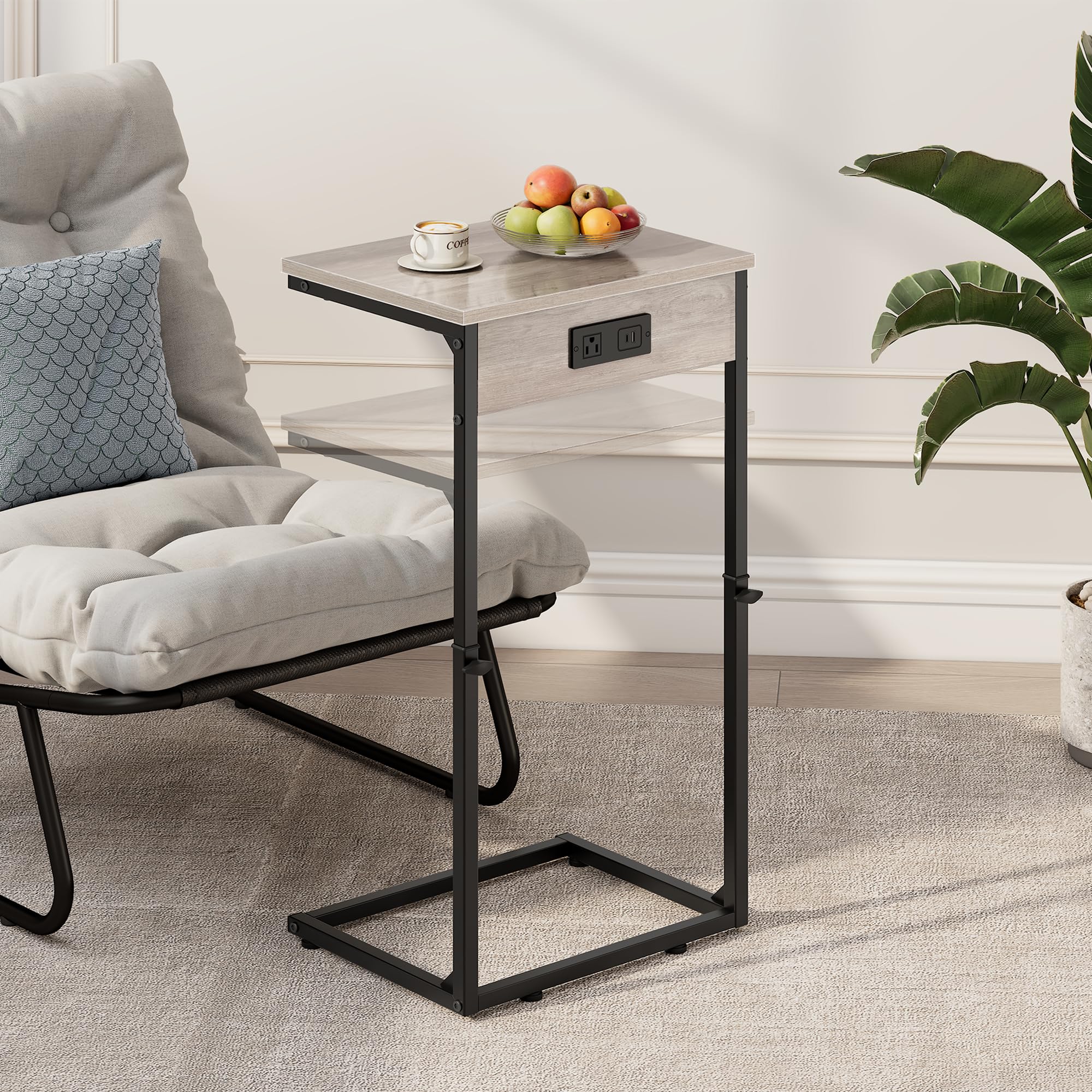 Vagusicc Beistelltisch C Form mit Steckdose, Höhenverstellbar 52-85 cm, mobiler Kaffeetisch, Wohnzimmertisch mit Metallgestell, Couchtisch, Laptoptisch, Nachttisch für Schlafzimmer, Wohnzimmer, Grau
